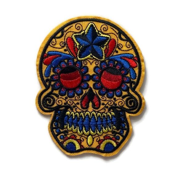 Yellow & Blue Calavera Embroidered Patch - Picture 1 of 5